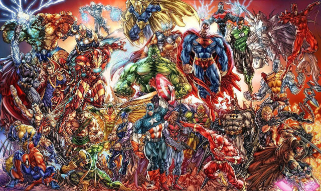 Superheroes battle red lightning comic free wallpaper for desktop - medium preview image