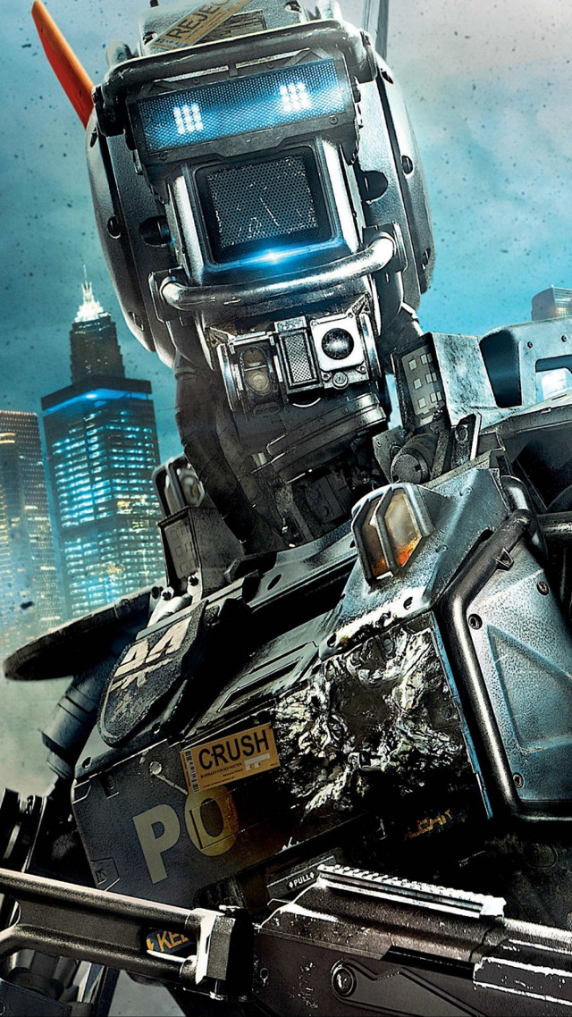 Robot gun city skyscrapers background free wallpaper for mobile - medium preview image