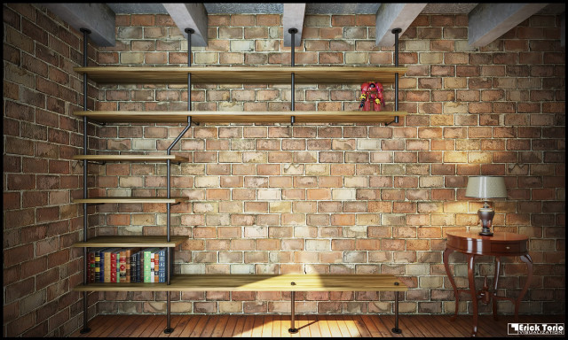 Brick wall bookshelves lamp table free wallpaper for desktop - medium preview image