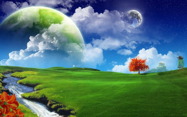 Green field stream tree moon free wallpaper for desktop - medium preview image