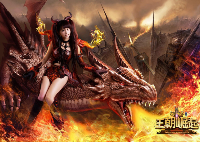 Woman riding dragon fire scene free wallpaper for desktop - medium preview image
