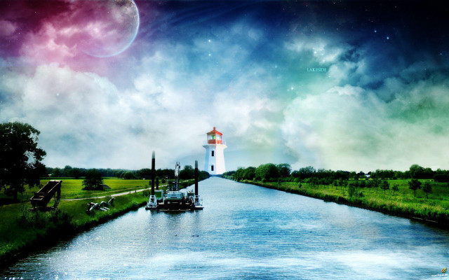 Lighthouse river boat water full free wallpaper for desktop - medium preview image