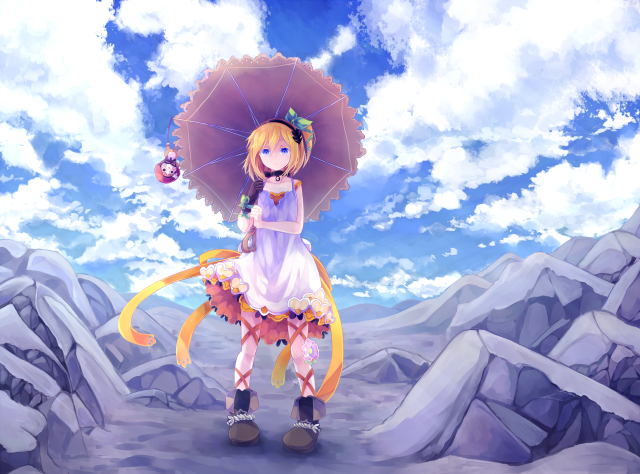 Girl umbrella snow mountains clouds free wallpaper for desktop - medium preview image
