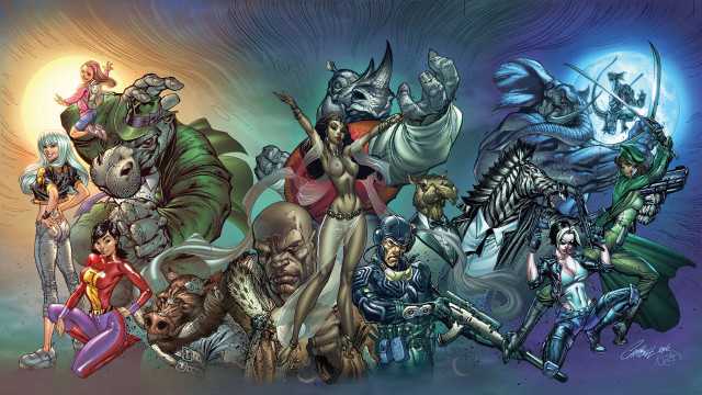 Cartoon characters group blue background #13 free wallpaper for desktop - medium preview image