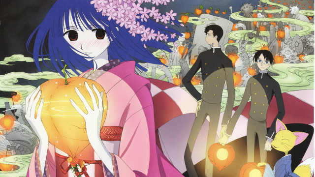 Woman kimono cherryblossoms lantern pumpkin free wallpaper for desktop - medium preview image