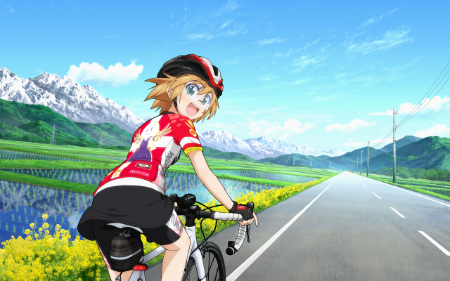 Cartoon girl biking lake mountains free wallpaper for desktop - medium preview image