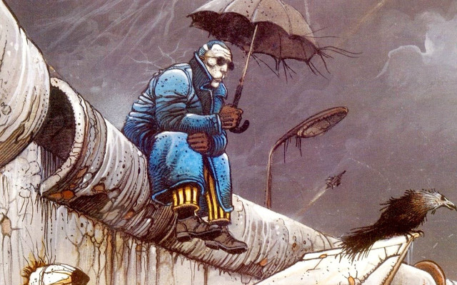 Man sitting pipe umbrella bird free wallpaper for desktop - medium preview image