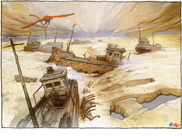 Boat water bird flying over free wallpaper for desktop - medium preview image