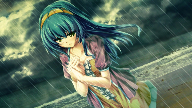 Girl blue hair rain hands free wallpaper for desktop - medium preview image