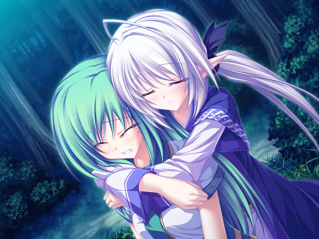 Anime characters hugging rain forest free wallpaper for desktop - medium preview image