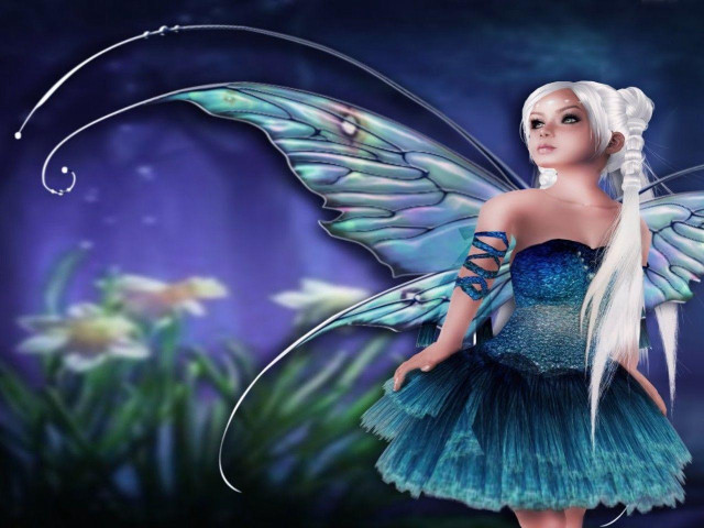Fairy blue dress white hair free wallpaper for desktop - medium preview image