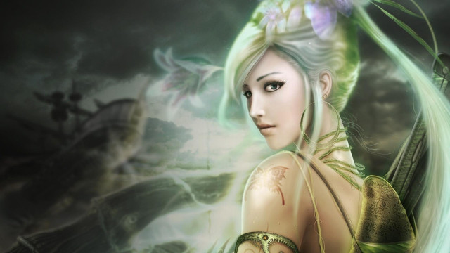 Green hair green dress dragon free wallpaper for desktop - medium preview image