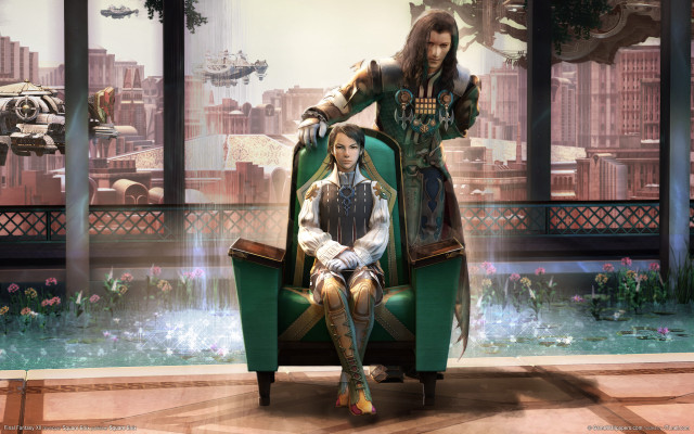 Man woman green chair city free wallpaper for desktop - medium preview image