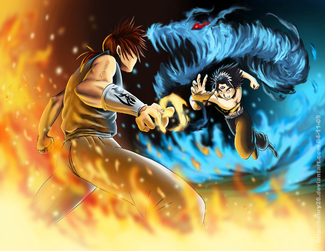 Man woman fighting fireball dragon free wallpaper for desktop - medium preview image