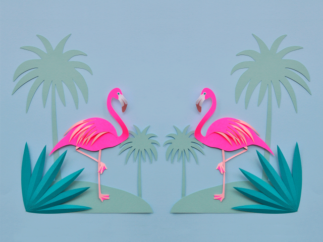 Pink flamingos beach palm trees free wallpaper for desktop - medium preview image