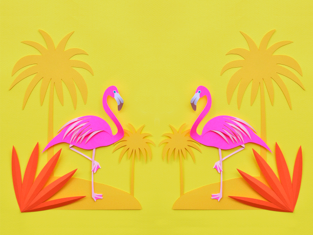 Pink flamingos yellow background palm free wallpaper for desktop - medium preview image