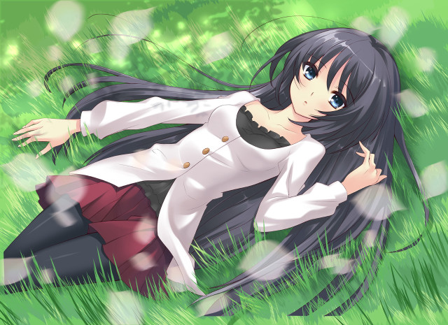 Girl laying grass hair blowing free wallpaper for desktop - medium preview image