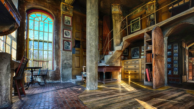 Room bookshelf staircase windows table free wallpaper for desktop - medium preview image