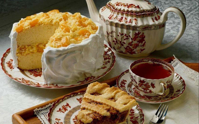 Cake tea table plate teapot free wallpaper for desktop - medium preview image