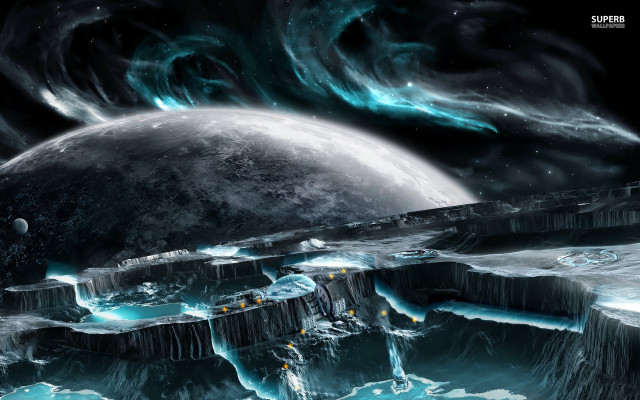 Futuristic space station giant moon free wallpaper for desktop - medium preview image