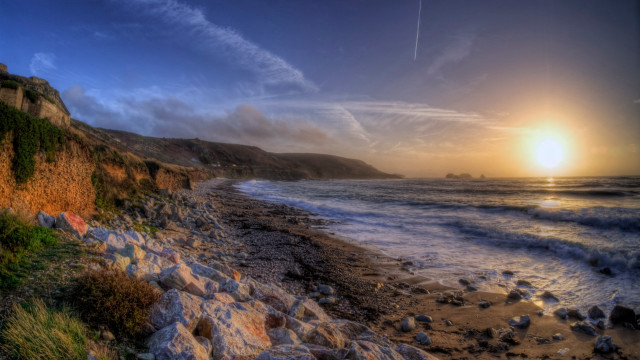 Beach cliff water sunset plane free wallpaper for desktop - medium preview image