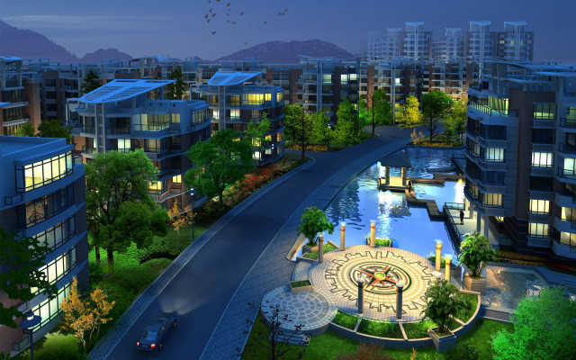 City clocktower fountain night bird free wallpaper for desktop - medium preview image