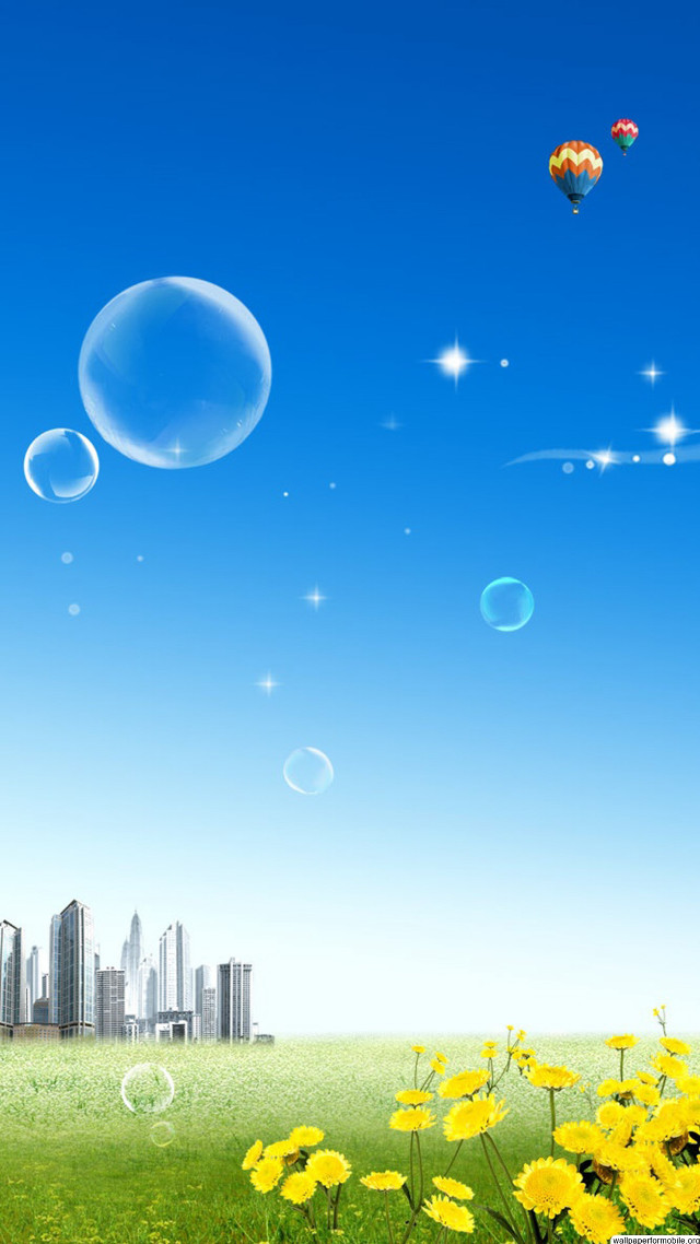 Yellow flowers bubbles sky city free wallpaper for mobile - medium preview image