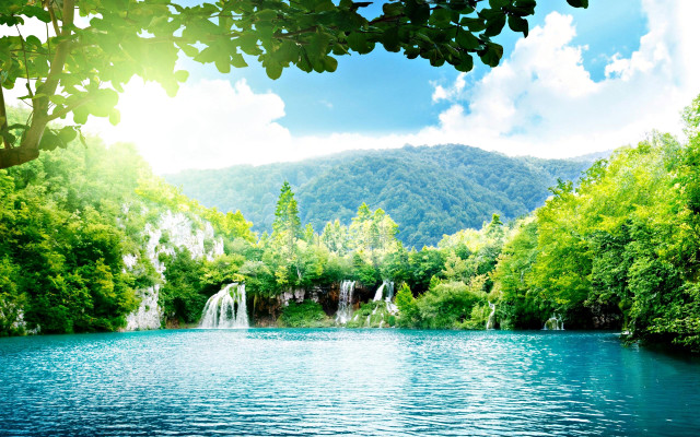 Lake trees waterfall blue sky free wallpaper for desktop - medium preview image