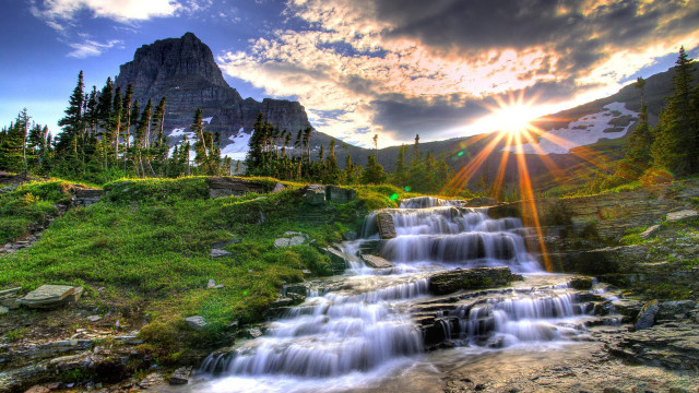 Waterfall mountain sun clouds forest free wallpaper for desktop - medium preview image