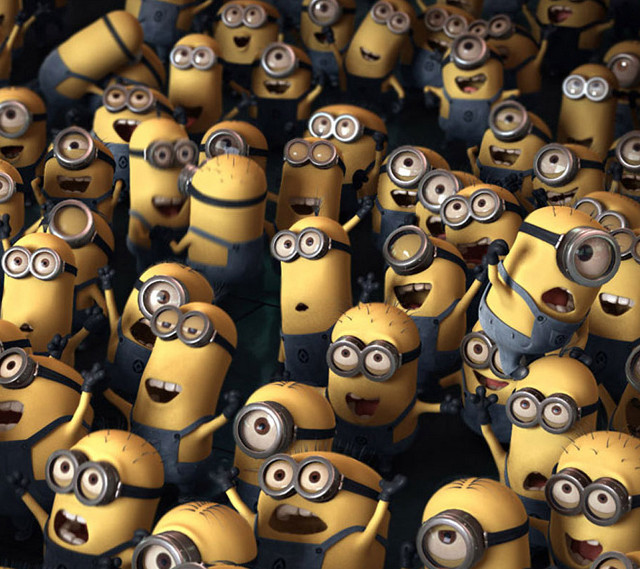 Minions group standing together fun free wallpaper for tablet - medium preview image