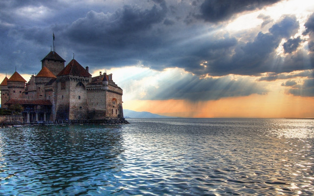 Castle lake cloudy sky sunbeams free wallpaper for desktop - medium preview image