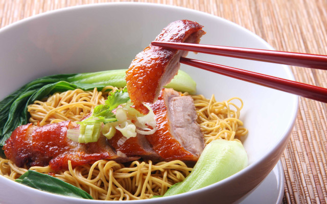 Bowl noodles meat vegetables chopsticks free wallpaper for desktop - medium preview image