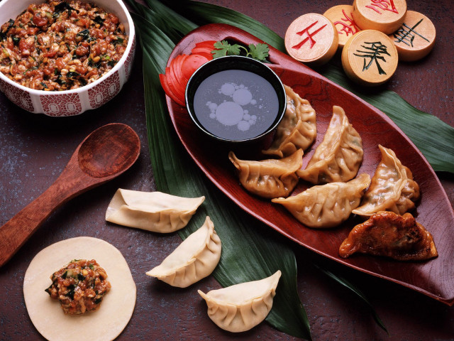 Dumplings dipping sauce table food free wallpaper for desktop - medium preview image