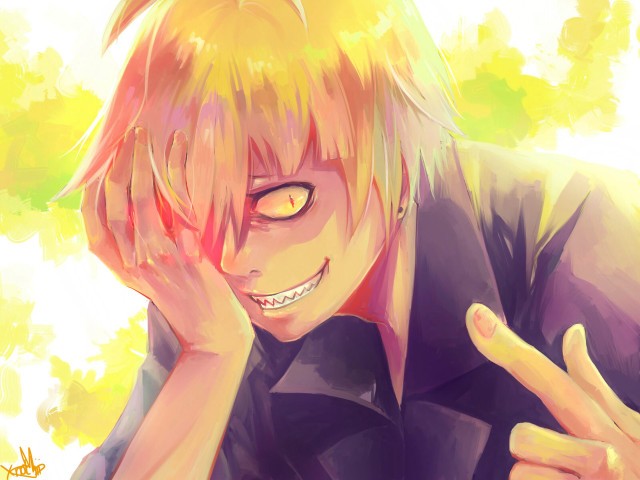 Blonde man pointing grimdark anime free wallpaper for desktop - medium preview image