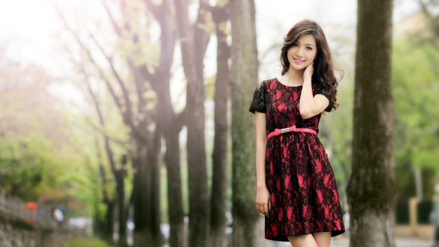 Woman red dress park trees free wallpaper for desktop - medium preview image