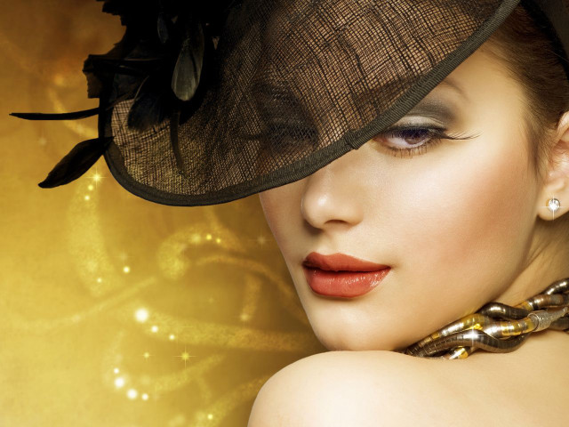Woman hat necklace gold background free wallpaper for desktop - medium preview image