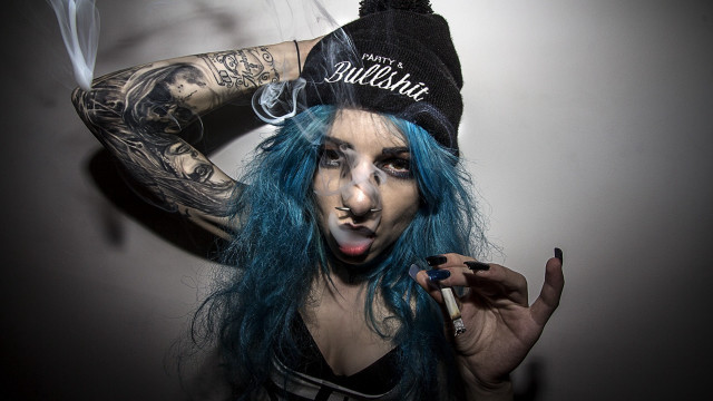 Woman blue hair tattoos smoking free wallpaper for desktop - medium preview image