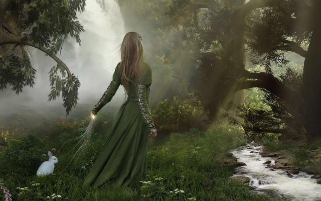 Woman green dress forest cat free wallpaper for desktop - medium preview image