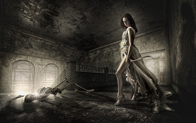 Woman long dress skeleton room free wallpaper for desktop - medium preview image