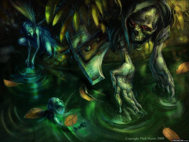 Creepy creature woman water leaves free wallpaper for desktop - medium preview image