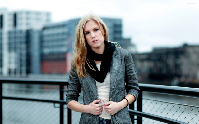 Woman bridge hands pockets scarf free wallpaper for desktop - medium preview image