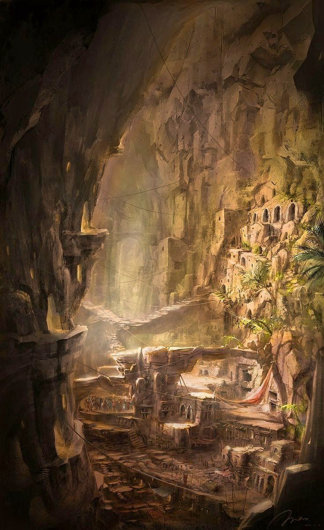 Cave waterfall house painting nature free wallpaper for mobile - medium preview image