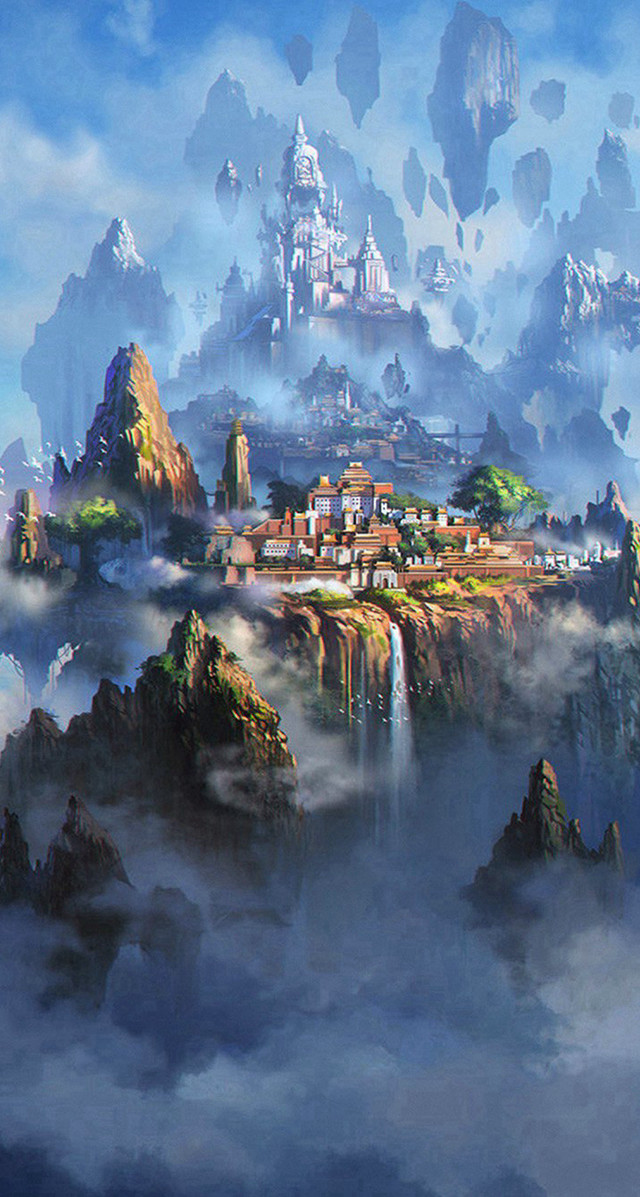Castle mountain waterfall town painting free wallpaper for mobile - medium preview image