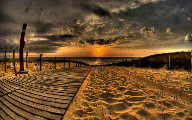 Wooden walkway beach sunset cloudy free wallpaper for desktop - medium preview image