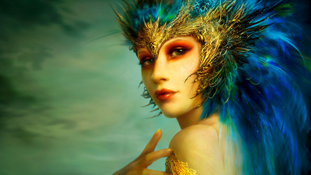 Woman blue gold feather headdress free wallpaper for desktop - medium preview image