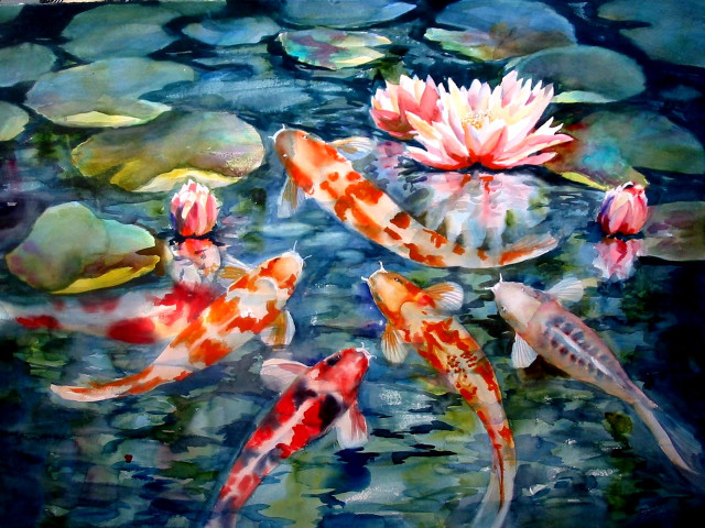 Koi fish lily pads watercolor free wallpaper for desktop - medium preview image
