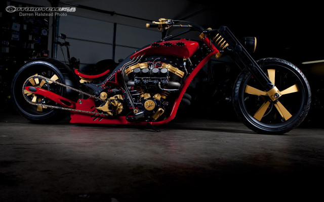 Red gold motorcycle garage shelves free wallpaper for desktop - medium preview image