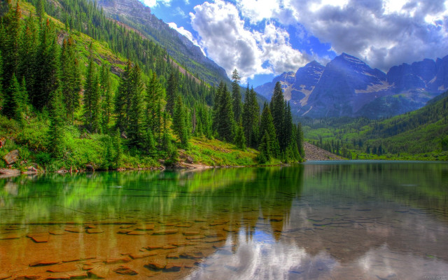Mountain lake forest green leaves free wallpaper for desktop - medium preview image