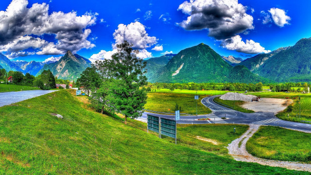 Scenic road mountains blue sky free wallpaper for desktop - medium preview image