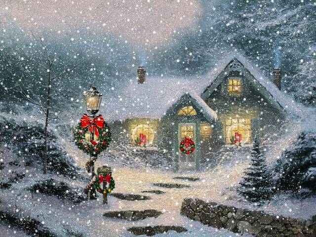 Christmas scene house lantern snow free wallpaper for desktop - medium preview image